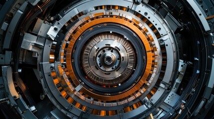 Obraz premium Intricate machinery with circular patterns and metallic textures illuminated by warm lights