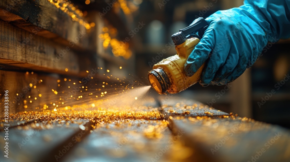 Poster close-up of a gloved hand spraying a yellow substance, creating sparks in a workshop setting