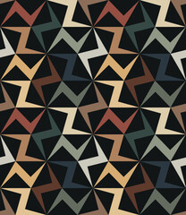 Abstract geometric colorful seamless pattern. Zigzag multicolored lines arranged in spirals on a black background in a modern and trendy design. Vector illustration.