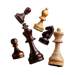Falling chess pieces on the board isolated on transparent background