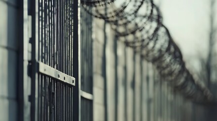 Obraz premium Prison gate opening with barbed wire fences, symbolizing freedom, new beginnings, and second chances. Concept of release, hope, and fresh start in life.