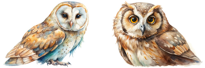 Watercolor owl illustrations, realistic bird art, vibrant colors, detailed feathers, nature-inspired artwork, wildlife decor.