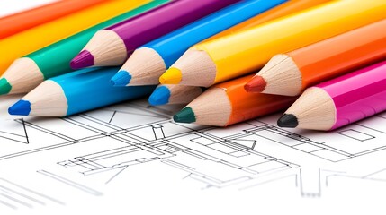 Naklejka premium Close up of colorful drawing markers laid out on top of architectural blueprint plans with double exposure silhouette highlighting the design outlines