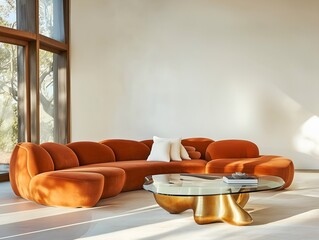 Modern living room with sculptural orange sofa, gold base glass coffee table, and large windows. Ideal for interior design mockup and advertisement. Generative AI.