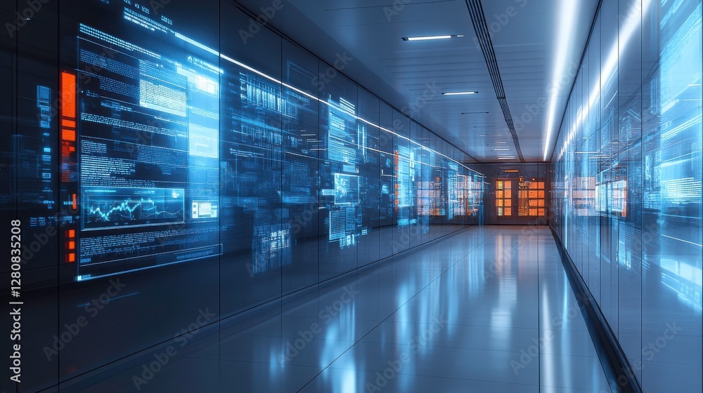 Poster a futuristic data center corridor with glowing screens displaying digital information and analytics,