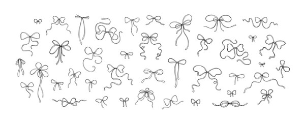 Bow ribbon drawing set. Coquettish girly style. Sketch crayon handwriting. Aesthetic feminine design elements. Cute line doodle whimsical bowknots. Birthday and wedding gift accessories
