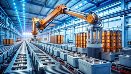 Fototapeta premium Automating lithium-ion battery production: optimizing chemistry, enhancing quality control for efficient, high-yield manufacturing.