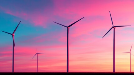 Fototapeta premium Scenic Pink Sunset with Wind Turbines Clean Energy Renewable Power