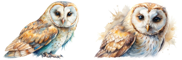 Watercolor owl illustration, realistic bird art, detailed feathers, nature theme, wildlife decor, artistic design.