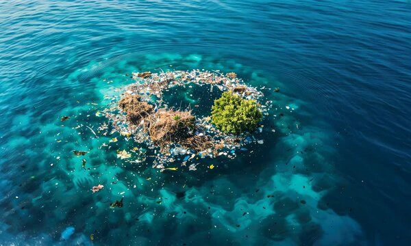 Floating trash island in ocean, highlighting pollution issues