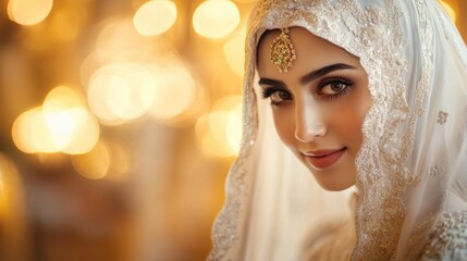 Portrait of a woman in traditional attire with a serene expression and soft bokeh background