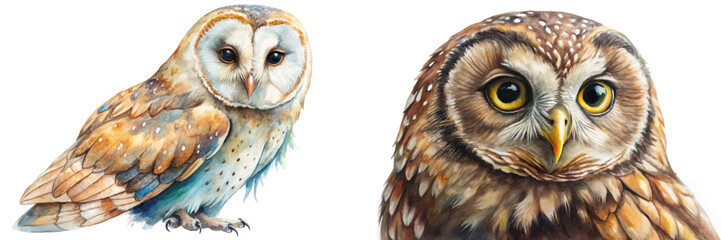 Realistic owl illustrations, vibrant watercolor style, detailed feathers, nature-themed artwork, animal portrait, wildlife decor.