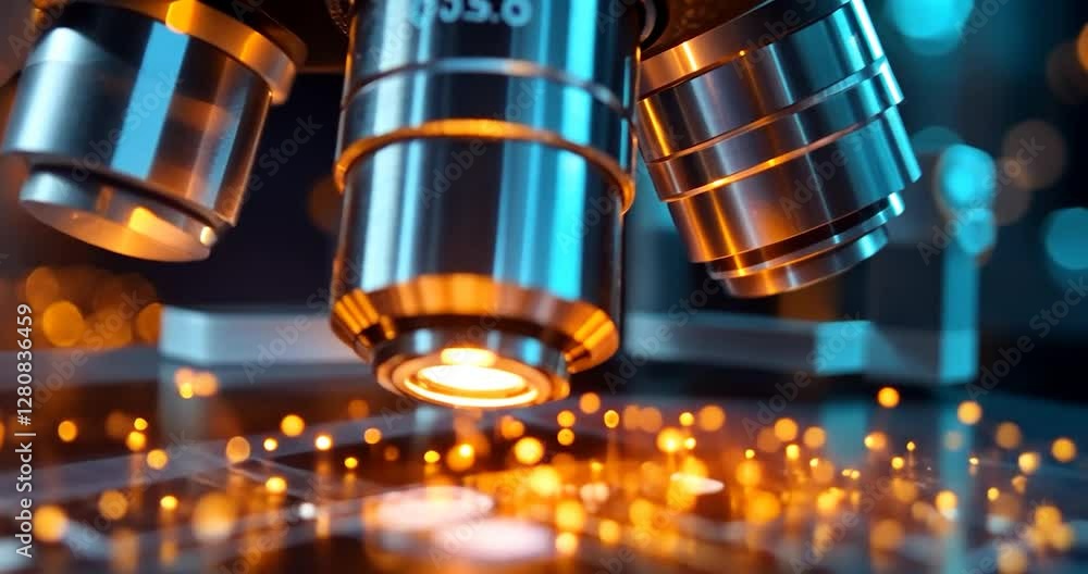 Aufkleber Detailed View Of Microscope Lenses With Orange And Blue Bokeh Lights And Blurred Background