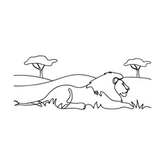 Fototapeta premium African Lion Resting in Savanna, OneLine Drawing, Wildlife Art