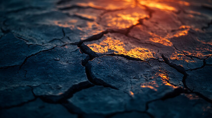 Close-up awe-inspiring metamorphosis of arid terrain at dusk, adorned with intensifying hues, elongated silhouettes