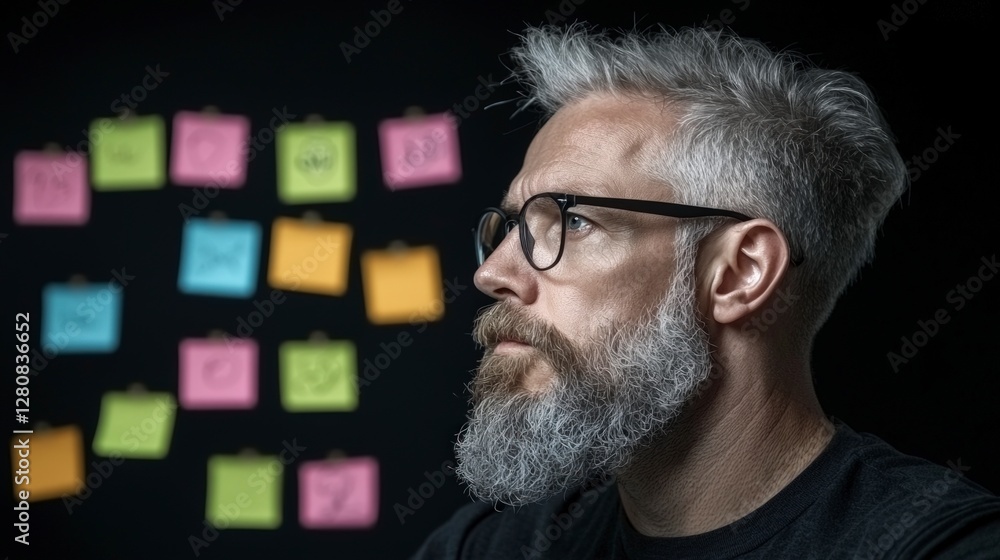Poster agile scrum meeting focused man with sticky notes