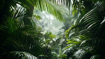 Lush Green Tropical Jungle with Sunlight and Mist