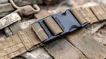 Closeup of durable tan webbing secured with a black plastic clasp.  This highquality image evokes concepts of strength, security, and dependability.