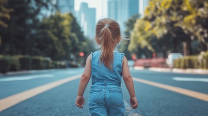 Fototapeta premium Little Girl Walking Away on City Street