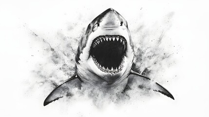 Dramatic black and white ink depicting a fierce great white shark emerging from the depths of the ocean its massive jaws and sharp teeth bared in a menacing display of power and predatory instinct