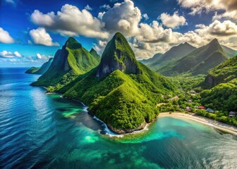 Breathtaking aerial views of Saint Lucia's beaches, Pitons, and lush rainforest.