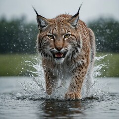 Obraz premium A lynx shaking off water, droplets flying against the white background.