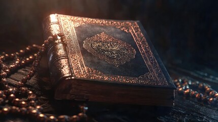 Ornate book with gold lettering rests near prayer beads