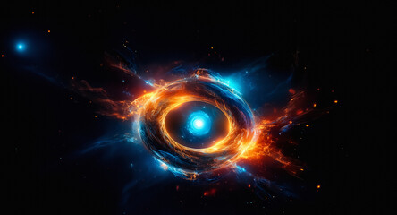 Vibrant energy swirls around a central glowing orb, creating a dynamic cosmic display against the dark expanse of space.  Intense blue and orange hues radiate outwards in an abstract design.
