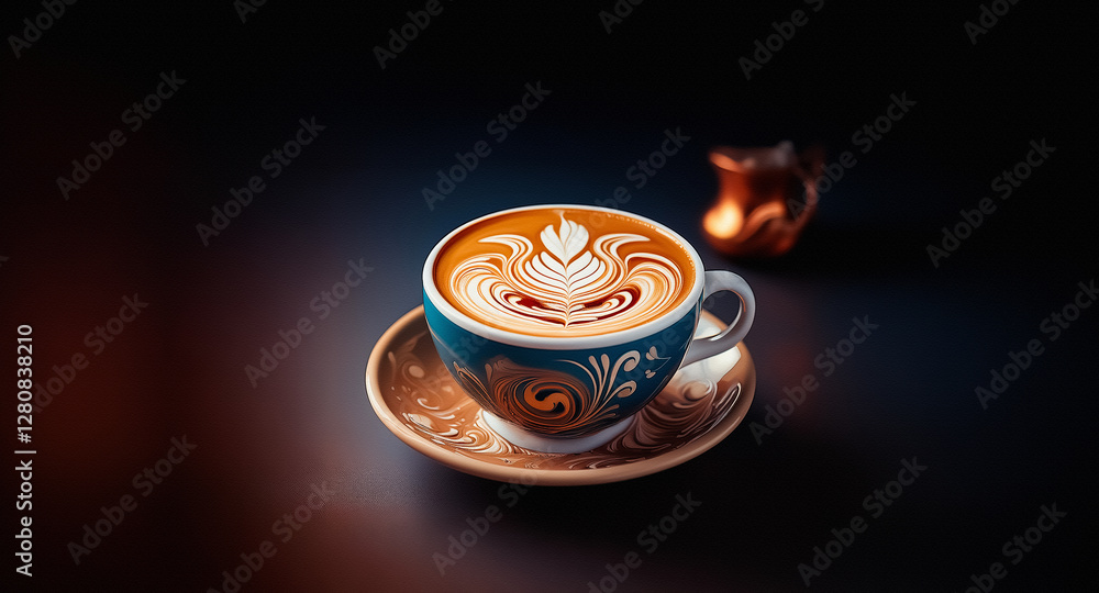 Poster a cup of coffee with latte art sits on a saucer. a warm candle flame flickers softly in the backgrou