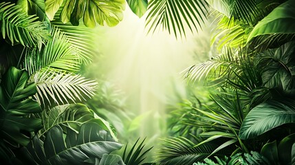 Lush Green Tropical Jungle with Sunlight Streaming Through Dense Foliage
