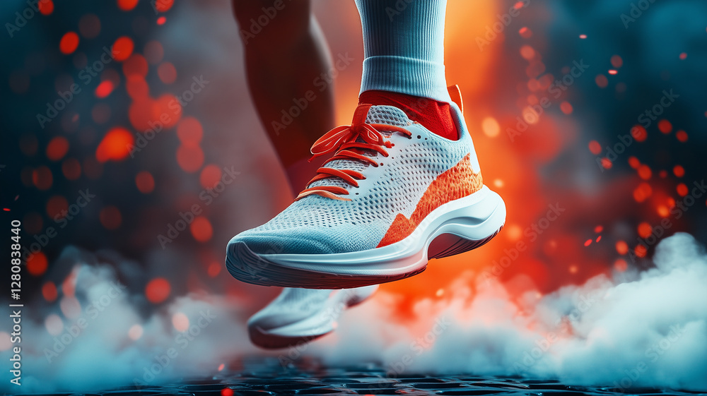 Poster running shoes in action with vibrant colors and dynamic background