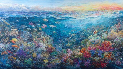 Obraz premium Vibrant coral reef ecosystem, ocean surface, mountains background; nature conservation poster