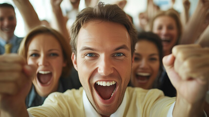 Excited group of people celebrating achievement in office setting, expressing joy and enthusiasm with raised fists and smiles