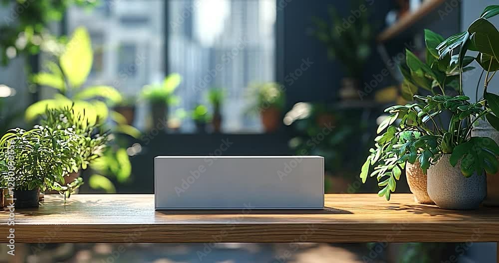 Poster Sunlit Green Plants on a Wooden Table with a Blurred Background and Windows