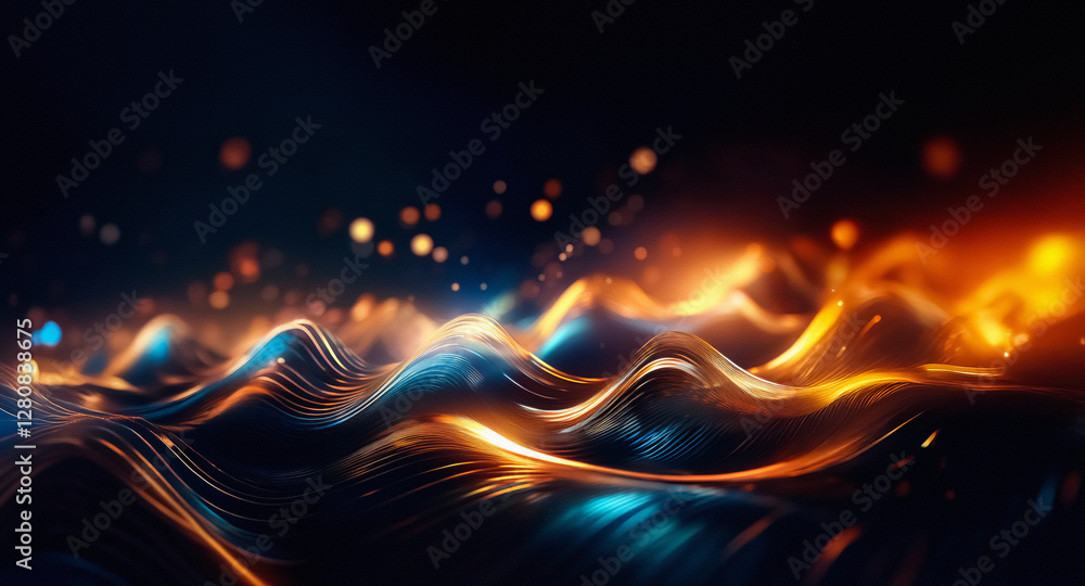 Poster Abstract image of flowing waves in vibrant shades of orange and blue. Bokeh lights add a dreamy effect against a dark background.