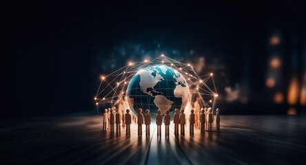 A glowing globe is encircled by abstract figures, interconnected with bright lines against a dark backdrop, symbolizing global network and connectivity.