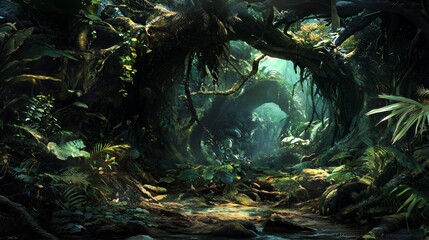 Lush Green Tropical Jungle with Sunlight Streaming Through Dense Trees
