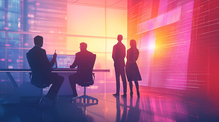 Fototapeta premium Business Team Analyzing Data in Modern Office, Futuristic Corporate Meeting with Data Analytics, Digital Business Strategy in High-Tech Office