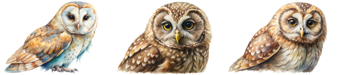 Realistic owl illustrations, watercolor art style, detailed bird portraits, nature-inspired artwork, wildlife depiction.
