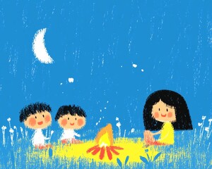 Children Gathered Around Campfire Under Moonlight With Blue Sky and Floral Background