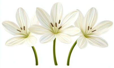 Fototapeta premium Three elegant white lilies with delicate petals and green stems, set against a clean background