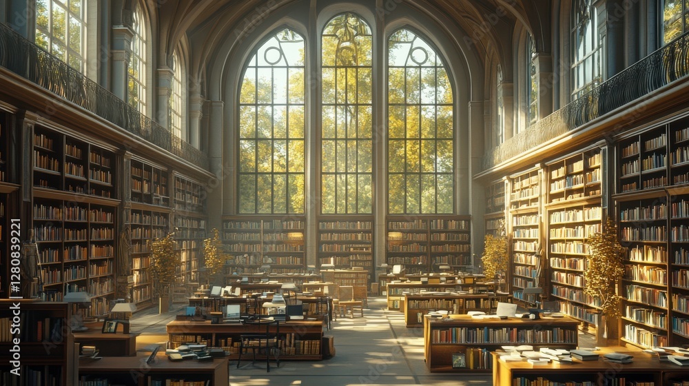 Poster a serene library with tall windows, sunlight streaming in, and rows of bookshelves filled with books