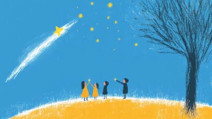 Children Watching Shooting Star Under Night Sky with Bare Tree