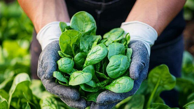 Close-up of a person's hands wearing white gloves holding a pile of spinach. The background is blurred, featuring other plants. The lighting is natural, and it captures the vivid green of the spinach