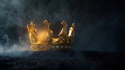 A Golden Crown Rests on Dark Ground Amidst Smoky Haze: Royalty, Power, and Mystery Unveiled