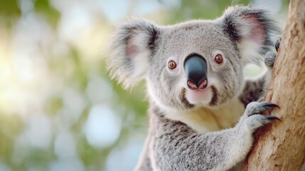 Obraz premium Koala climbing a tree in a natural habitat during daylight hours in Australia