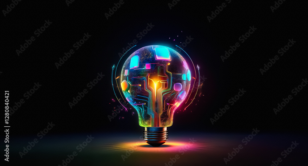 Poster illuminated lightbulb composed of vibrant digital blocks against a black backdrop. symbolizes innova
