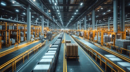Fototapeta premium A vast warehouse interior filled with neatly arranged pallets and shelves, illuminated by bright overhead lights for efficient operations.