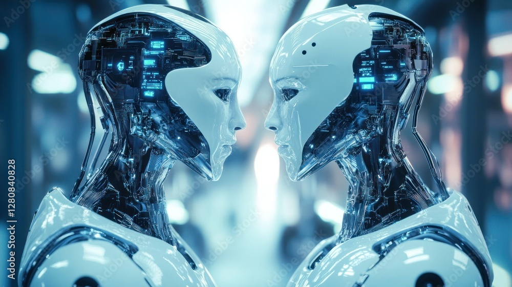 Aufkleber two futuristic humanoid robots face each other in a high-tech environment, reflecting advanced techn