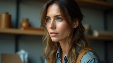 Young female potter with expression of concentration or inspiration, conveying passion and dedication in her ceramics studio, surrounded by handcrafted pottery and tools